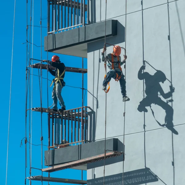 Deux hommes suspendus par des cordes sur le flanc d'un bâtiment, illustrant une activité de travail en hauteur.