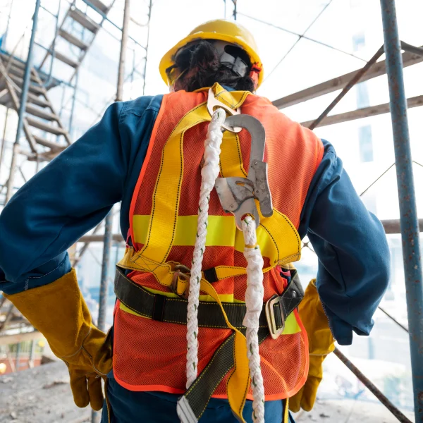 Un homme portant un casque de sécurité et un gilet réfléchissant, prêt pour un environnement de travail sécurisé.